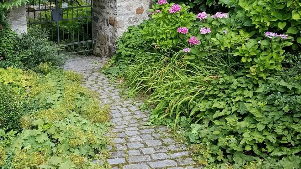 Natursteinweg im Garten mit verschiedenen Steinoberflächen